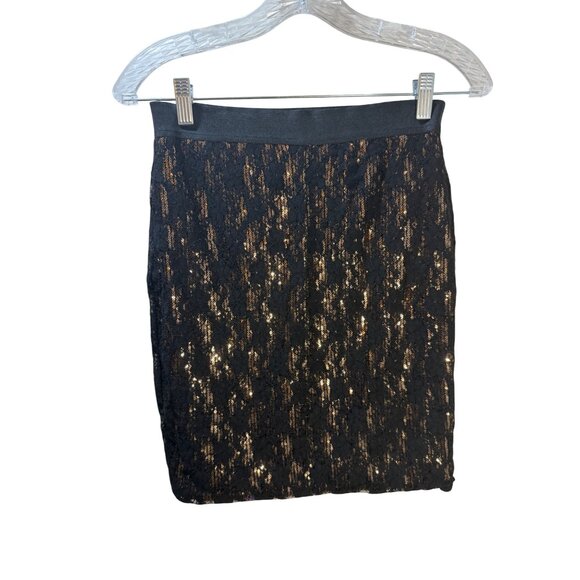 Sequin Lace Pencil Skirt Black & Gold Stretch Fabric Womens Size Large - Picture 3 of 6